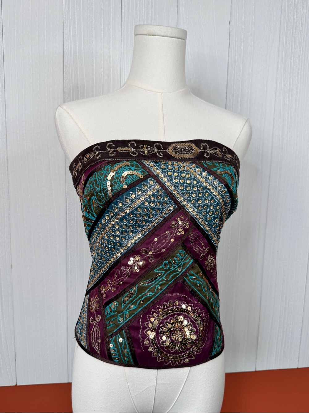 Warehouse Corset Top Strapless Sequin Beaded Boho Festival 8